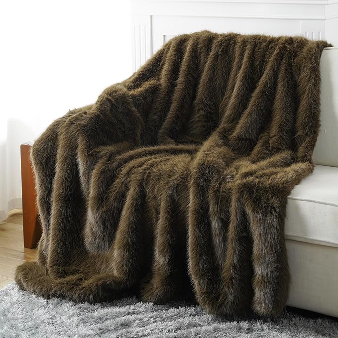 BATTILO HOME Luxury Fluffy Olive Green Faux Fur Throw Blanket, Cozy Warm Fur Blanket for Couch, Sofa, Chair, Bed, Plush Fuzzy Fur Throws with Long Pile, 50"x60"