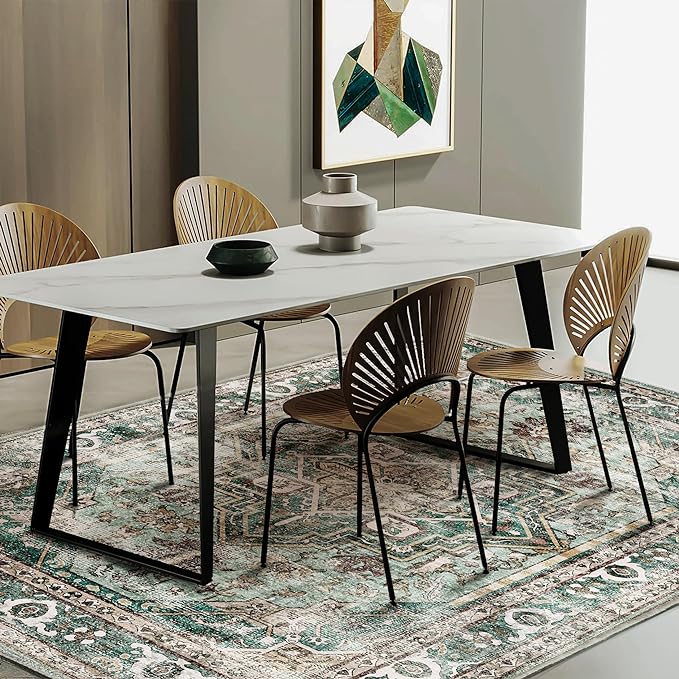 6'x9' Green Washable Area Rug Boho Chic Medallion Distressed Design Non-Shedding Easy Care Ideal for High Traffic Areas in Living Room Bedroom Office Kitchen Coffee Table Large Carpet