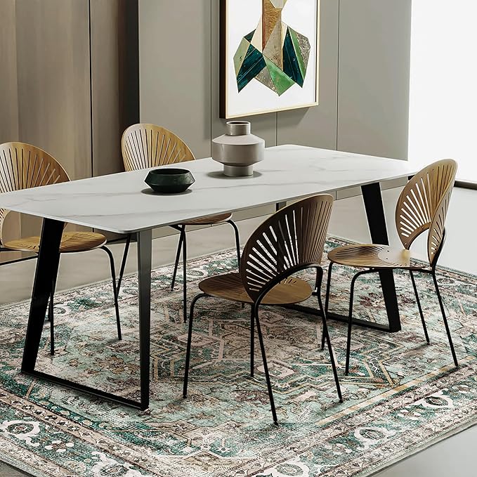 Area Rug 8'x10' Green Washable Vintage Traditional Mat Distressed Indoor Foldable Thin Retro Accent Floral Print Non Slip Carpet for Living Room Dining Room Office