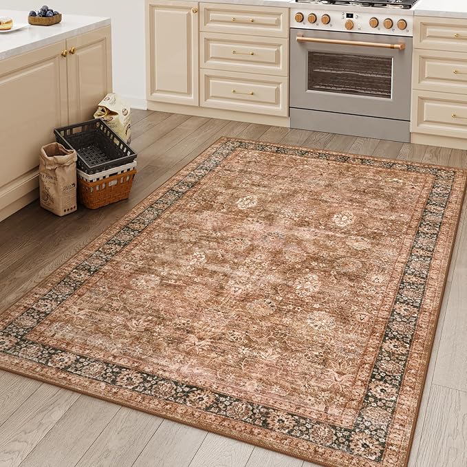 Morebes Vintage Washable Boho Rug 5x7,Non-Slip Carpet for Living Room, Area Rug for Bedroom, Distressed Large Oriental Accent Soft Non Shedding Throw Rug for Kitchen Office Carpet,Brown