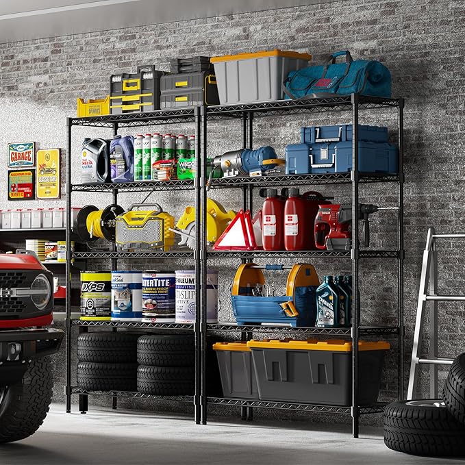 45" W Storage Shelves 5 Tier Wire Shelving with Shelf Liners, Adjustable Metal Garage Shelving, 1875LBS Heavy Duty Commercial Storage Rack for Pantry Kitchen, 45" W x 16" D x 72" H, Black