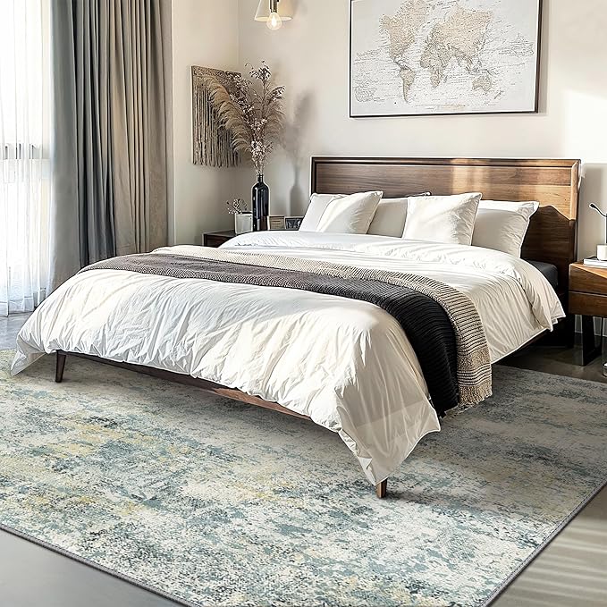 GENIMO Washable Area Rugs for Living Room Bedroom, 8x10 Modern Abstract Non Slip Rug, Low Pile Soft Contemporary Indoor Floor Carpet Cover for Dining Room Kitchen, Teal