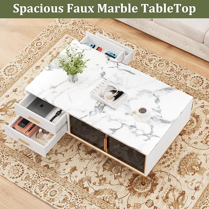 Coffee Table, White Center Table for Living Room, Modern Large Coffee Tables with Storage 4 Drawers & 2 Glass Door Storage, Faux Marble Top, Gold Metal Leg, Hidden Compartment for Reception Room