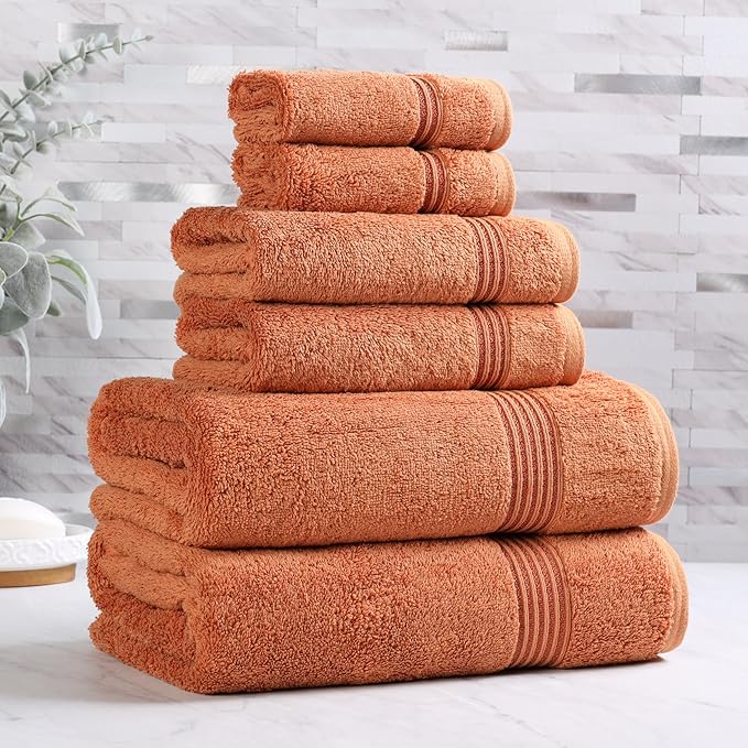 Superior Egyptian Cotton 6-Piece Towel Set, Assorted Towels for Home Bathroom, Master Bath, Decor Essentials, Includes 2 Bath, 2 Hand, 2 Face Towels/Washcloths, Quick Dry, Absorbent, Caramel Brown