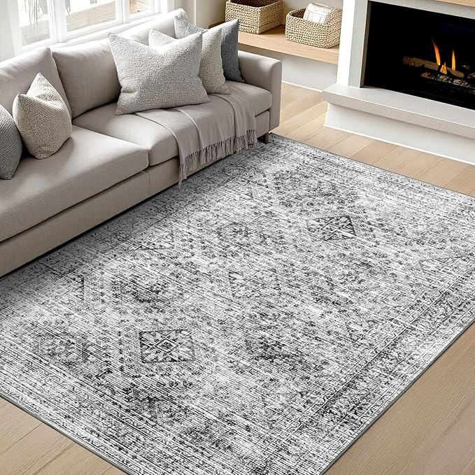 MIULEE 5x7 Vintage Living Room Rug Washable Area Rugs Low Pile Floor Mat for Bedroom Dining Room Non-Slip Stain Resistant Soft Indoor Carpet for Home Decor, Grey