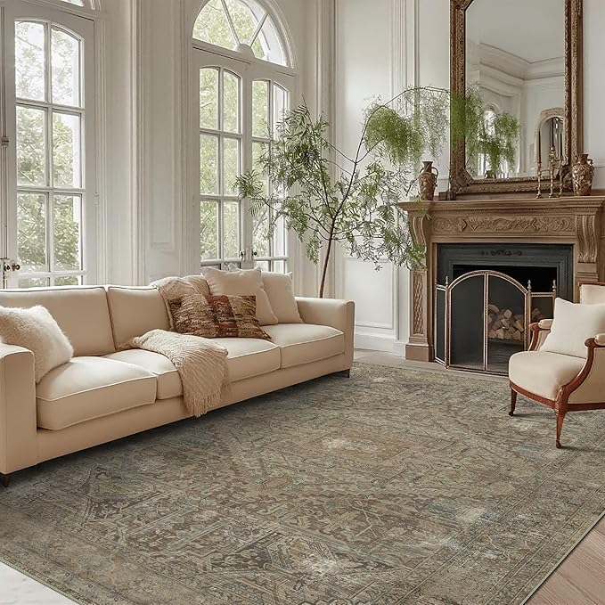 vivorug 8x10 Area Rugs for Living Room, Non-Slip Backing Washable Rug 8x10, Large Area Rug Soft Carpet for Bedroom Dining Room, Vintage, Easy Clean, Durable, Low Pile Rug Under Table, Olive