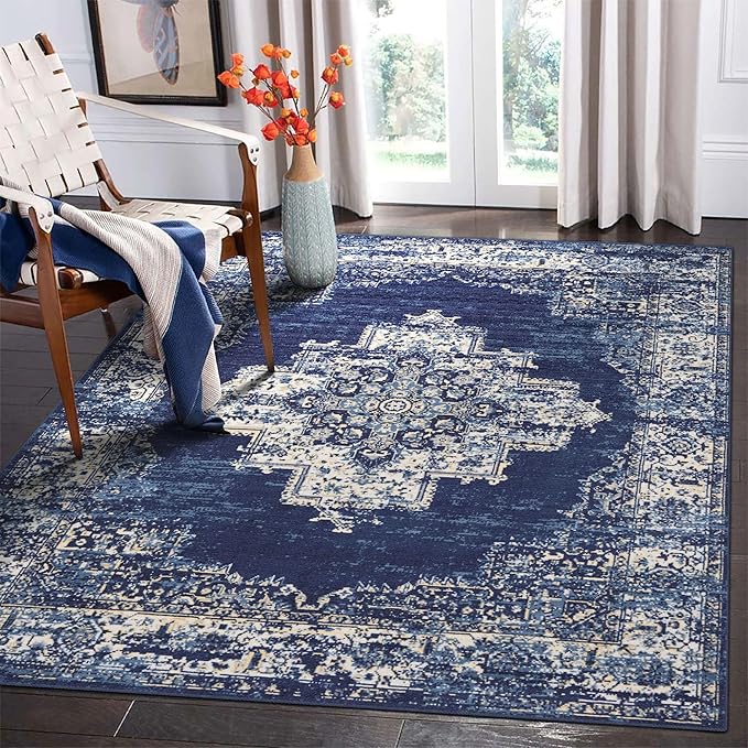 vivorug 9x12 Area Rugs for Living Room, Non Slip Machine Washable Vintage Navy Blue Rug, Ultra-Thin Lightweight Large Area Rug for Bedroom, Dining Room, Low Pile Rug