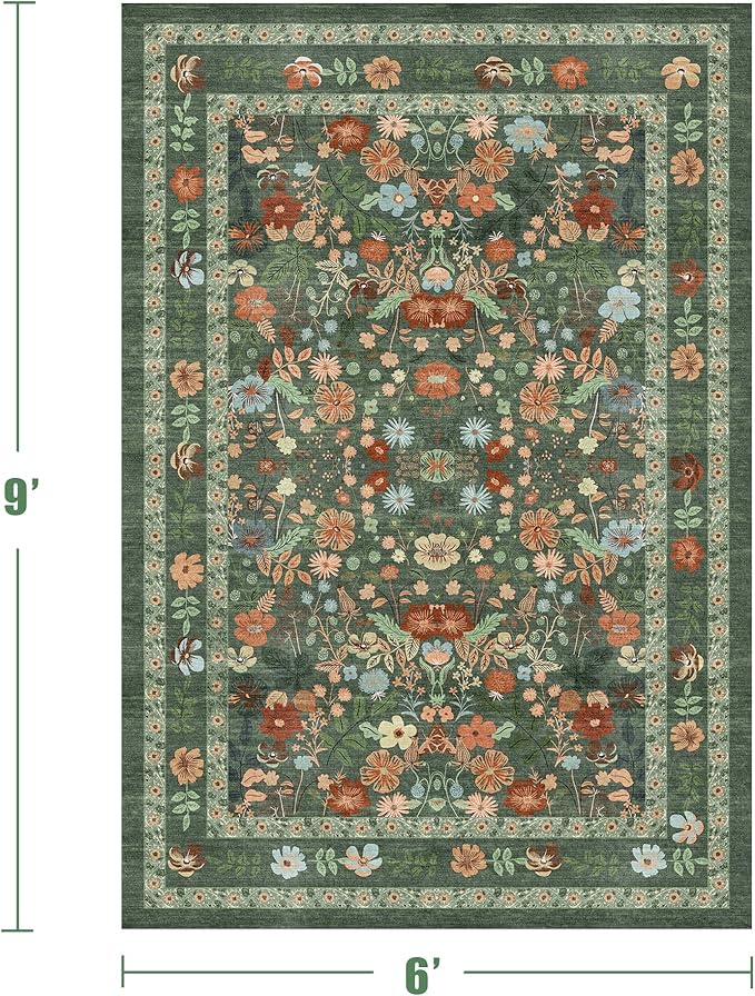 Deerly Green Boho Floral Rug 6x9 Vintage Boho Washable Non-Slip Living Room Carpet Soft Low Pile Thin Bedroom Floor Mat Indoor for Dining Room Playroom Nursery Farmhouse, Green/Multi