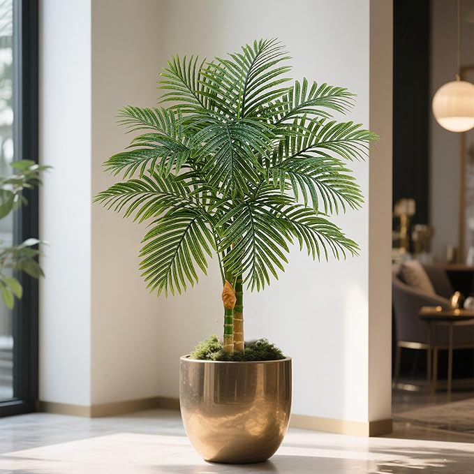Artificial Palm Tree Indoor Plant Tall Fake Tropical Palm Tree in Pot with Real Bark Design Faux Areca Palm Tree for Home Office Living Room Bedroom Farmhouse Modern Outdoor Decor (13 Leaves 4 FT)