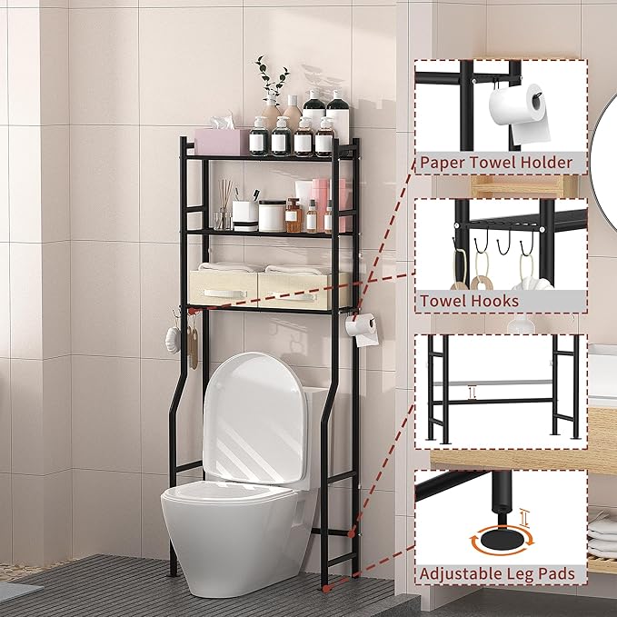 3 Tier Over The Toilet Storage Rack with 2 Basket, Metal Freestanding Bathroom Shelves Toilet with Paper Holder and 4 Hooks, Over Toilet Storage Shelf for Bathroom Storage, Black