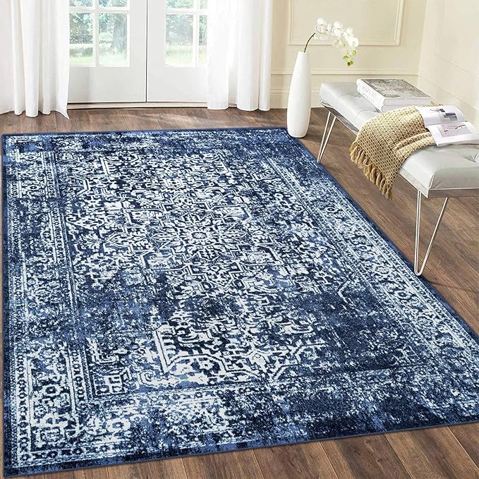 vivorug 4x6 Area Rugs, Stain Resistant Washable Rug for Living Room, Vintage-Inspired (Navy Blue, 4'x6')