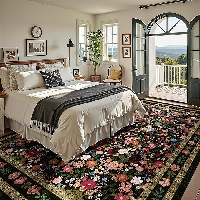 Deerly Large Floral Washable Area Rugs 9x12 for Living Room Vintage Boho Non-Slip Bedroom Carpet Soft Low Pile Thin Floor Mat Indoor for Dining Room Playroom Nursery Farmhouse, Black/Multi