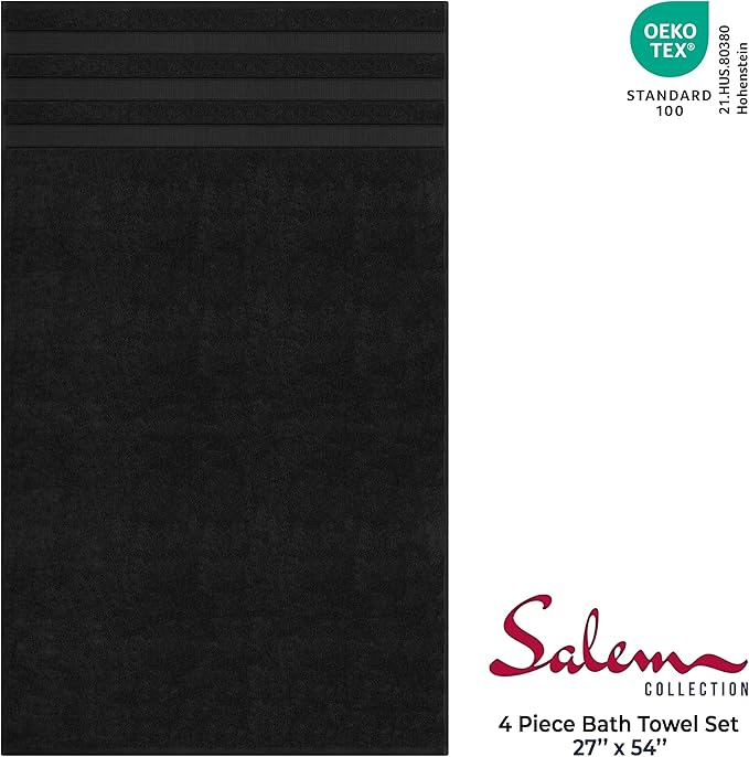 American Soft Linen Salem 100% Cotton Turkish 4 Piece Bath Towels for Bathroom, 600 GSM Soft Absorbent Quick Dry Bath Towel Set, Black