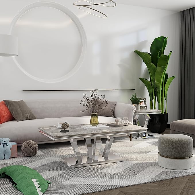ACEDÉCOR Coffee Table, Silver Coffee Table with Four Geometric Mirror Bases, Rectangular CoffeeTable with Sturdy Metal Frame,48 inches Modern Coffee Table for Living Room, Office, Reception Room