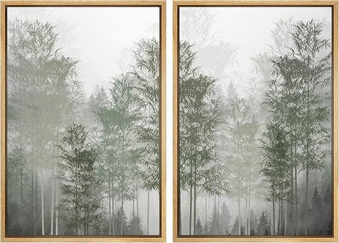 MUDECOR Framed Canvas Print Wall Art Pastel Watercolor Misty Fog Forest Tree Wilderness Nature Illustrations Modern Art Decorative Calm/Relax Multicolor Rustic Minimal for Bedroom - 16"x24"x2 Natural
