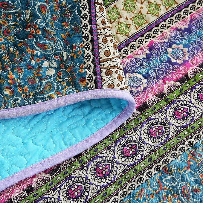NEWLAKE Quilt Throw Blanket with Reversible Floral Patchwork, Blue Jacquard, 60X78 Inch