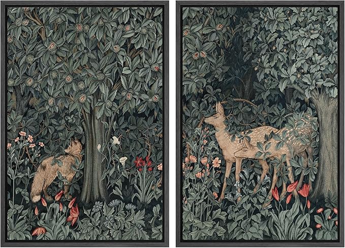 MUDECOR Framed Canvas Print Wall Art Enchanting Forest Wildlife Prints Deer & Fox in Woodland Nature Wilderness Illustrations Realism Decorative for Living Room, Bedroom, Office - 16"x24"x2 Black