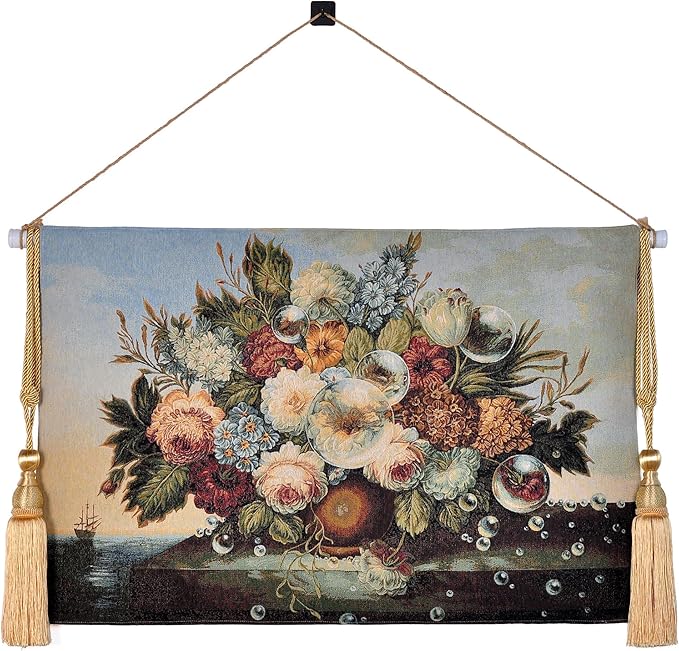 AureoMadis Vintage Floral Tapestry Wall Hanging Set with Telescopic Rod & Tassels - Jacquard Woven Fabric Aesthetic Flower Wall Tapestries for Bedroom/Living Room Decor Spring Botanical Art (27"x42")