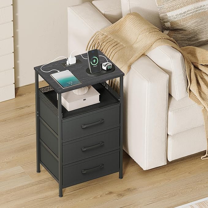 Night Stand Set 2 with Charging Station, Nightstands with 3 Fabric Drawers, End Table with Outlets and USB Ports, Side Table with Open Storage Shelf, Bedside Tables for Bedroom, Black