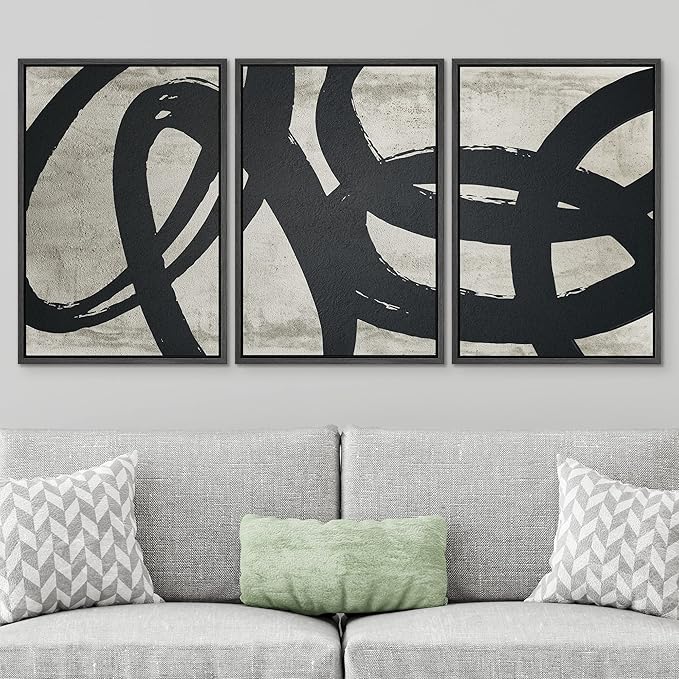 SIGNWIN Framed Canvas Print Wall Art Set Geometric Paint Stroke Spiral Rings Shapes Abstract Illustrations Modern Art Decorative Nordic Calm/Zen for Living Room, Bedroom, Office - 16"x24"x3 Black