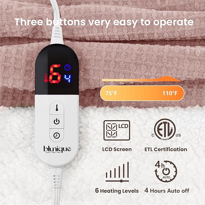 Heated Blanket Electric Throw Waffle, 50x60 Inches Sherpa Fleece Fast Heating Blanket 6 Heating Levels & 4 Hours Auto Off ETL Certification, Pink Throw