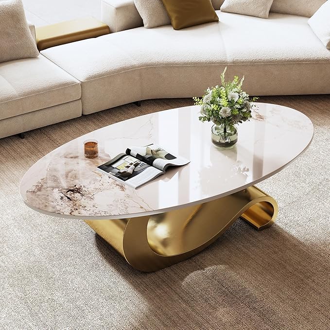 49.2" Oval Marble Coffee Table with Geometric Stainless Steel Base, Modern Sintered Stone Coffee Tables for Living Room, Luxury White Gold Cocktail Center Table Living Room Furniture for Home Decor
