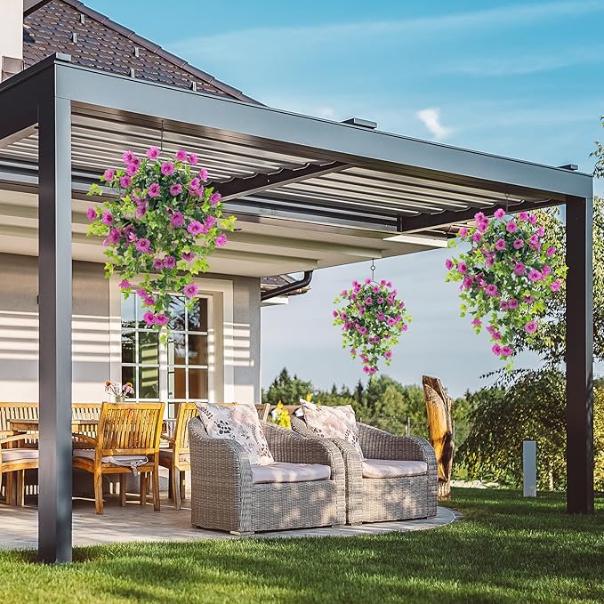Artificial Petunias Hanging Flowers for Outdoors Uv Resistant Fake Petunias Plants Hanging Flower Patio Decor Outside Basket Realistic Silk Petunias Plant (with Pot Purple 2 PCS)