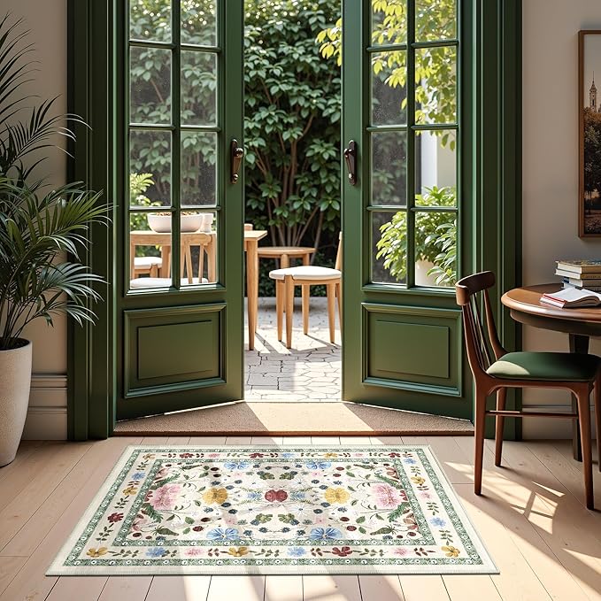 Deerly Floral Entryway Rug 2x3 Small Vintage Boho Bathroom Door Mat Washable Non-Slip Soft Low Pile Thin Indoor Carpet Home Decor for Kicthen Entrance Farmhouse Throw Rug, Beige/Green/Multi