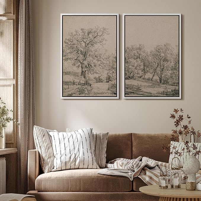 MUDECOR Framed Canvas Print Wall Art Ancient Tree and Country Road Sketch Classic Landscape Pencil Nature Wilderness Illustrations Decorative for Living Room, Bedroom, Office - 16"x24"x2 White