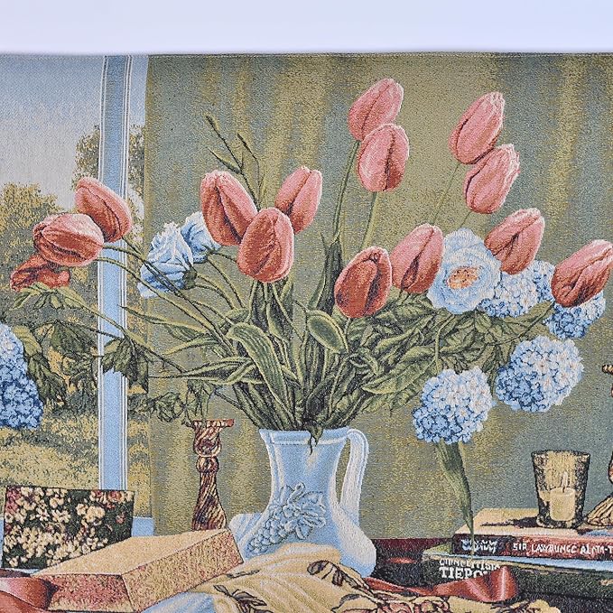 AureoMadis Vintage Floral Tapestry Wall Hanging Set with Telescopic Rod & Tassels - Jacquard Woven Fabric Aesthetic Flower Wall Tapestries for Bedroom/Living Room Decor Spring Botanical Art (42"x27")