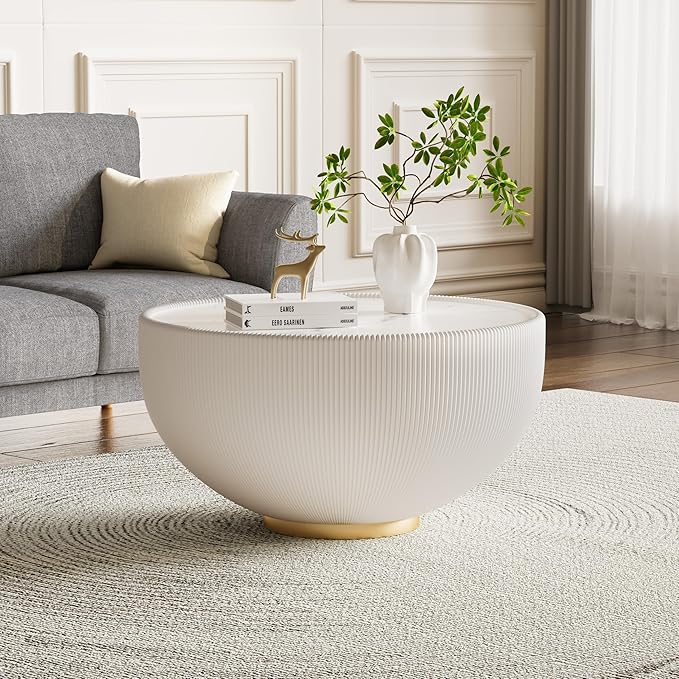29.53" Round Coffee Table Luxury Cup Shape Leather Coffee Tables, Circle Sofa Couch Table PU Leather, Modern White Marble Top Drum Bowl Living Room Tables for Living Room Bedroom Apartment