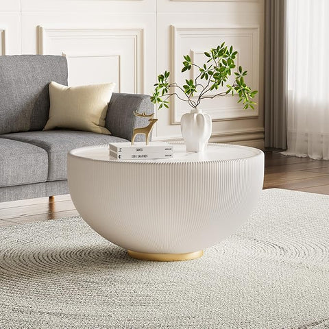 29.53" Round Coffee Table Luxury Cup Shape Leather Coffee Tables, Circle Sofa Couch Table PU Leather, Modern White Marble Top Drum Bowl Living Room Tables for Living Room Bedroom Apartment