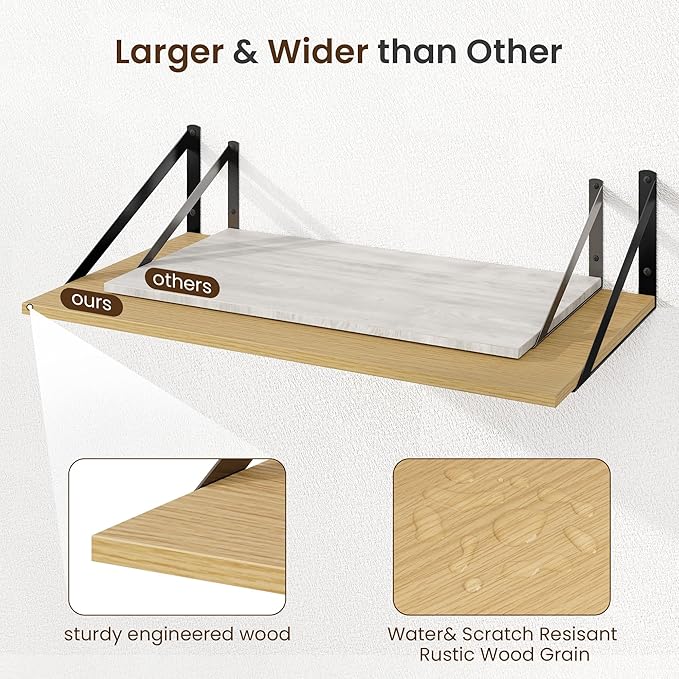 Fun Memories Floating Shelves for Wall, 12 Inch Deep Floating Shelves Set of 2, 36W x 12D Large Wall Shelf with Sturdy Metal Brackets for Living Room, Bathroom, Bedroom and Kitchen, Oak