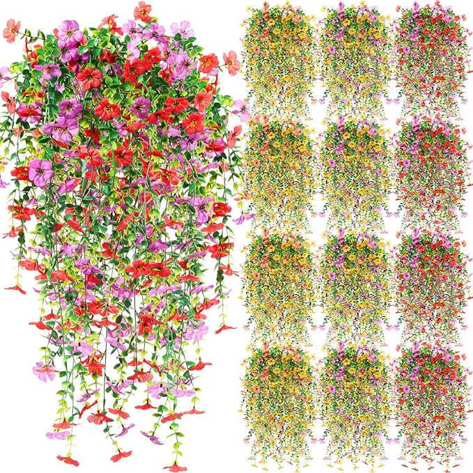 Hoteam 72 Pack Artificial Hanging Flowers Plants for Outdoors 30 Inch UV Resistant Fake Plastic Faux Artificial Plants Bulk for Planter Porch Patio Yard Garden Wedding Wall Indoor