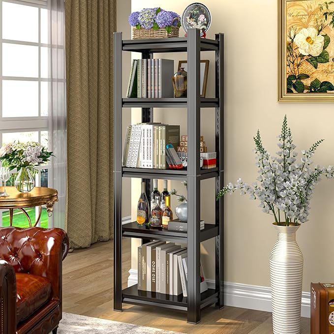 Tall Bookshelf with Open Shelves, Metal Office Book Shelf, Adjustable Organizer Bookcase, Standing Storage Organizer Shelf for Living Room (24" W*14" D*63" H)