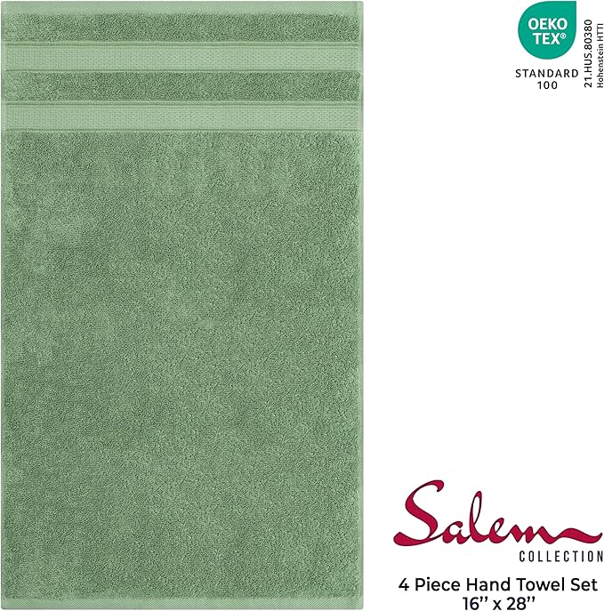 American Soft Linen Salem 100% Cotton Turkish 4 Piece Hand Towels for Bathroom, 600 GSM Soft Absorbent Quickdry Hand Face Towel Set, Sage Green