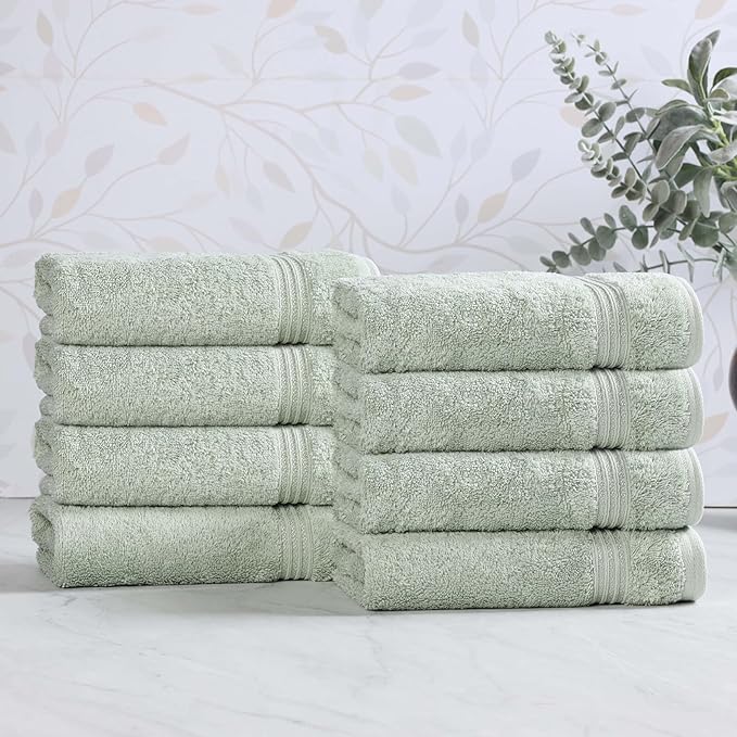Superior Egyptian Cotton 8-Piece Hand Towel Set, Towel Basics For Quick Dry, Absorbent Small Towels, Facial, Spa, Kitchen, Bathroom Essentials, Apartment, Guest Bath, Soft, Washcloth, Sage