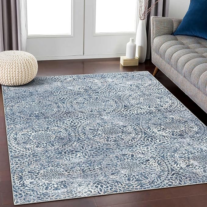 vivorug 3x5 Rug, Small Area Rug for Living Room, Bedroom, Kitchen, Machine Washable Non-Slip Throw Rug, Vintage Medallion Carpet for Entryway Nursery Coffee Table - Durable (Blue)