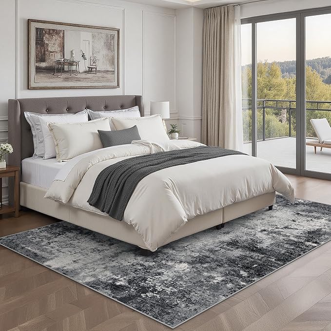 GENIMO 8x10 Washable Area Rugs for Living Room Bedroom, Modern Abstract Low Pile Soft Non Slip Rug, Contemporary Indoor Floor Carpet Cover for Dining Room Kitchen, Ink Wash Grey