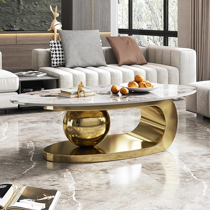 Modern Oval Marble Coffee Table, 51.2" Gold Coffee Table with Sintered Stone Top & Geometric Stainless Steel Base, Luxury Oval Tea Center Tables for Living Room