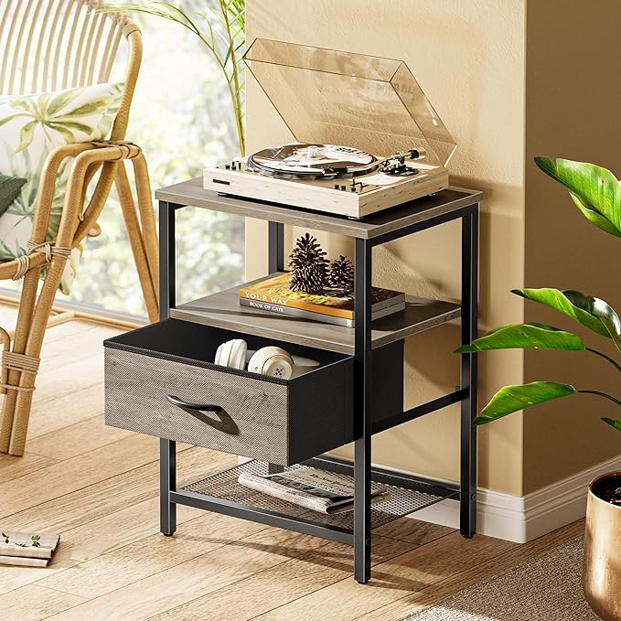 Huuger Nightstand Set of 2, Night Stand with Fabric Drawer, Mesh Shelf, Side Table with Storage, Fabric Drawer Dresser, Open Shelf, Metal Frame, Bedroom, Oak