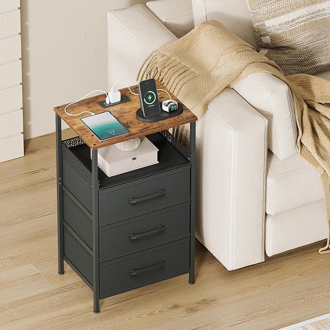 Night Stand Set 2 with Charging Station, Nightstands with 3 Fabric Drawers, End Table with Outlets and USB Ports, Side Table with Open Storage Shelf, Bedside Tables for Bedroom, Rustic Brown