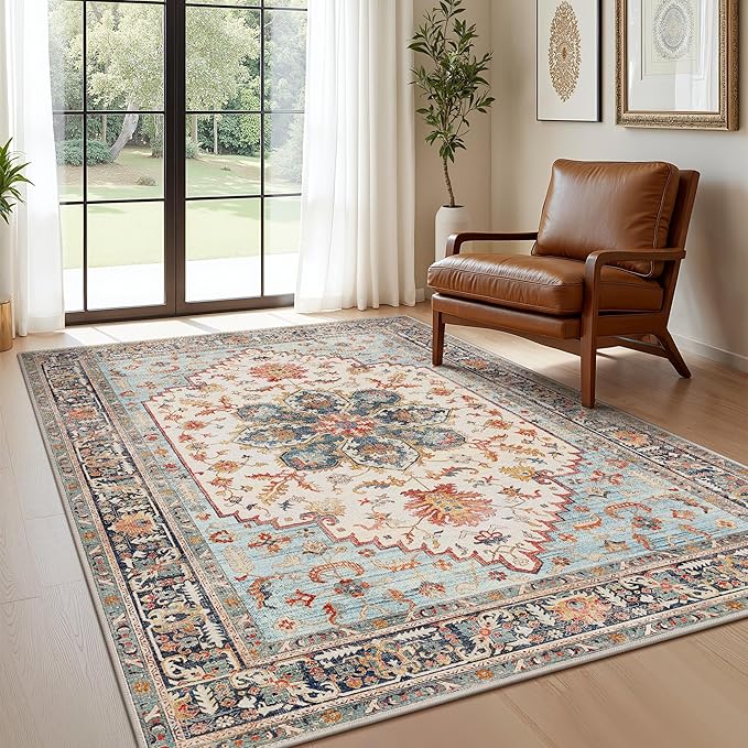 GENIMO 5X7 Area Rugs for Living Room, Machine Washable Vintage Floor Cover Foldable Modern Non Slip Rug, Low Pile Soft Indoor Carpet Floral Print Mat Rug,Bedroom/Dining Room/Home Office,Sky Blue