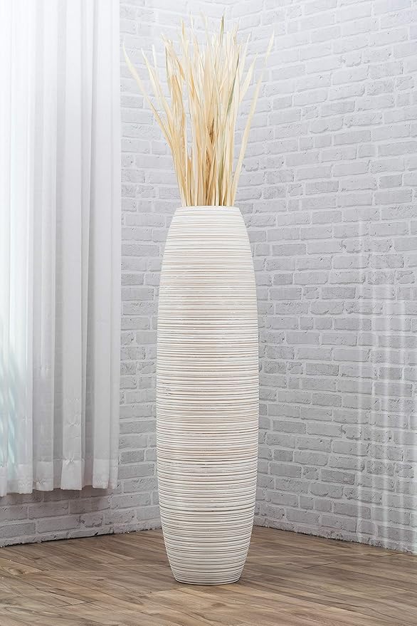 Leewadee Large White Wash Home Decor Floor Vase – Wooden 41 inches Tall Farmhouse Decor Flower Holder for Fake Plant and Pampas Grass