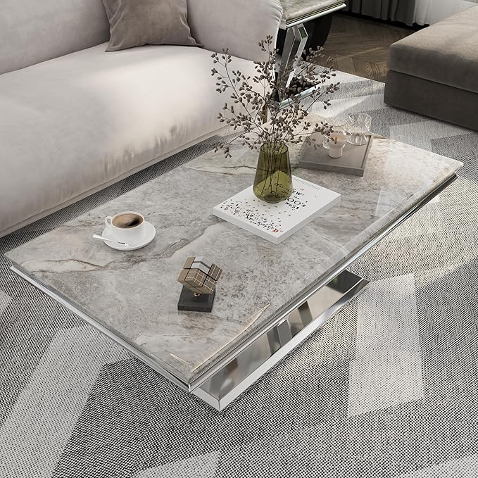 ACEDÉCOR Coffee Table, Silver Coffee Table with Four Geometric Mirror Bases, Rectangular CoffeeTable with Sturdy Metal Frame,48 inches Modern Coffee Table for Living Room, Office, Reception Room