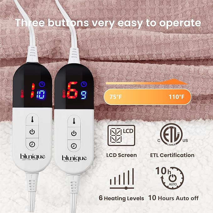 Heated Blanket Electric Blanket Queen Waffle, 84x90 Inches Dual Controllers Sherpa Fleece Fast Heating Blanket 6 Heating Levels & 10 Hours Auto Off ETL Certification, Pink Queen