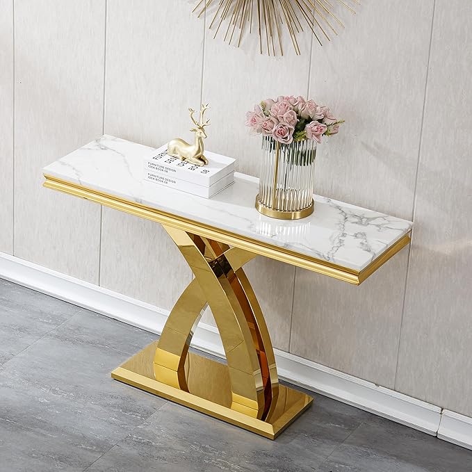 Marble Console Entryway Table, 47 inch Faux Marble Narrow Long Sofa Table, Modern White Tall Accent Table for Living Room, Entrance Table with Gold Geometric Stainless Steel Frame