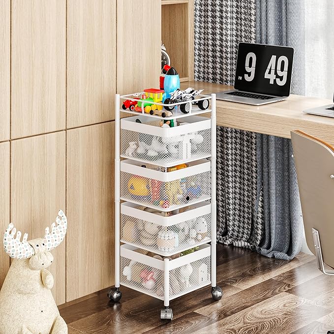 Rotating Kitchen Storage Rack,Fruit and Vegetable Basket Cart,Bathroom Shelf,Kitchen Organization and Storage Rack,Rolling Carts on Wheels(White, 4 Tier-Square)