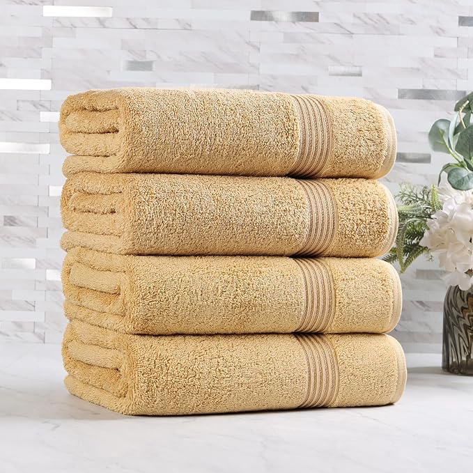 Superior Egyptian Cotton 4-Piece Bath Towel Set for Shower, Bath, Spa, Resort, Hotel, Soft Body Towels, Airbnb Essentials, Apartment, Dorm, Quick Dry, Absorbent, Bathroom Basics, Gold