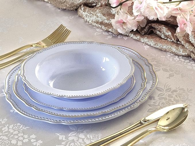" OCCASIONS " 50 Plates Pack (25 Guests)-Heavyweight Wedding Party Disposable Plastic Plate Set -25 x 10.25'' Dinner + 25 x 7.5'' Salad/dessert plates (Rochelle Blue and Gold)